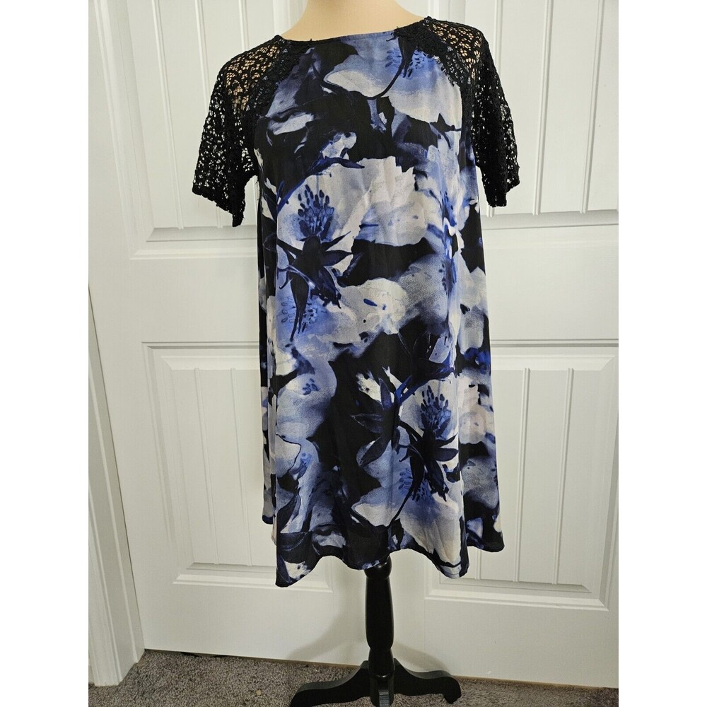 Lucky Brand Denim Floral Lace Shift Dress Lace Sleeves Size S